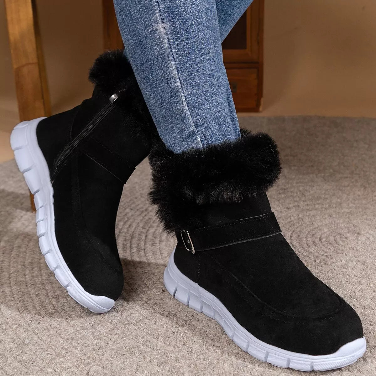 Fuzzy Trim Buckle Boots - Black - View 1