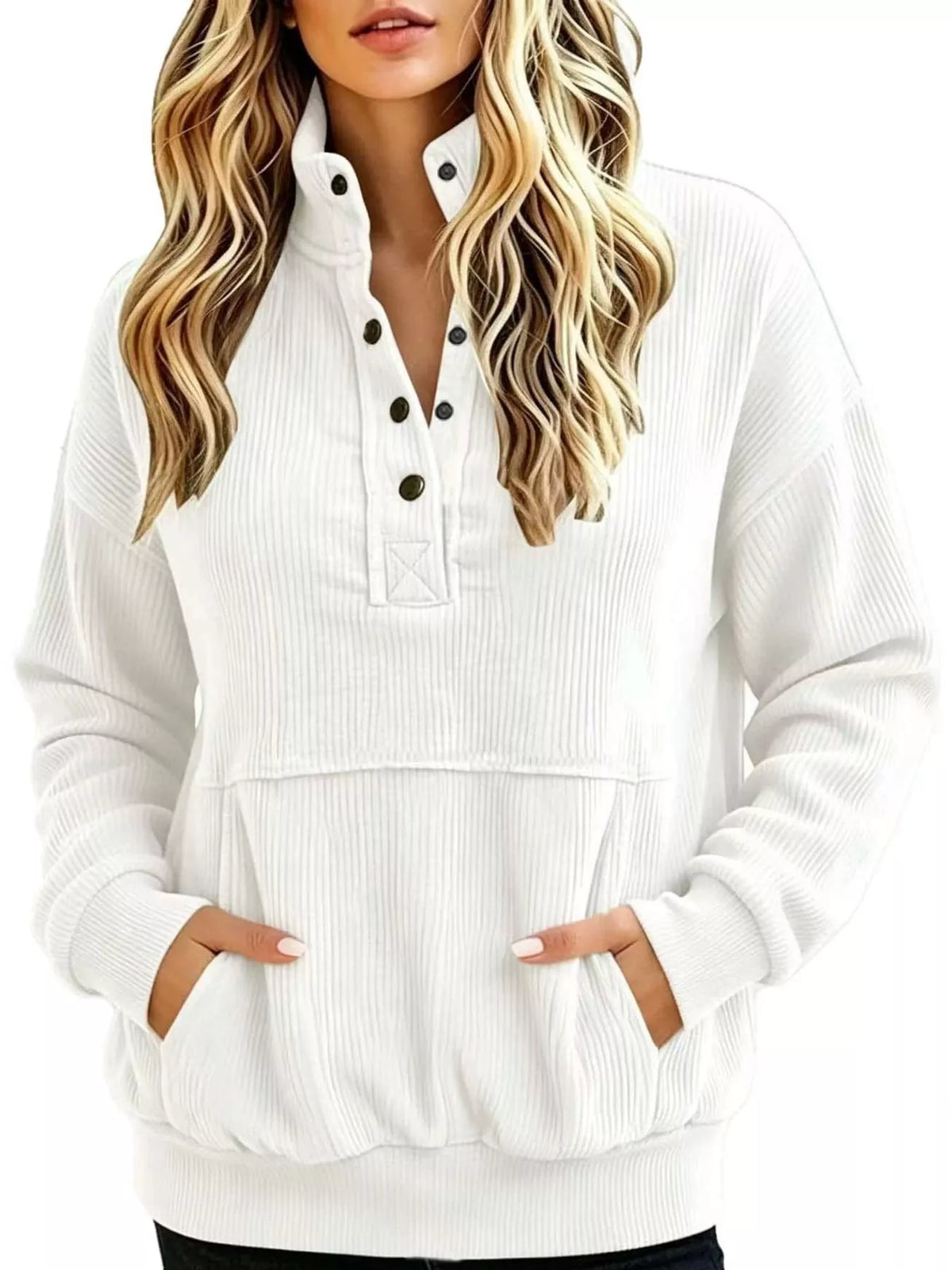 Full Size Quarter-Snap Sweatshirt with Kangaroo Pocket Plus Size - White - View 1