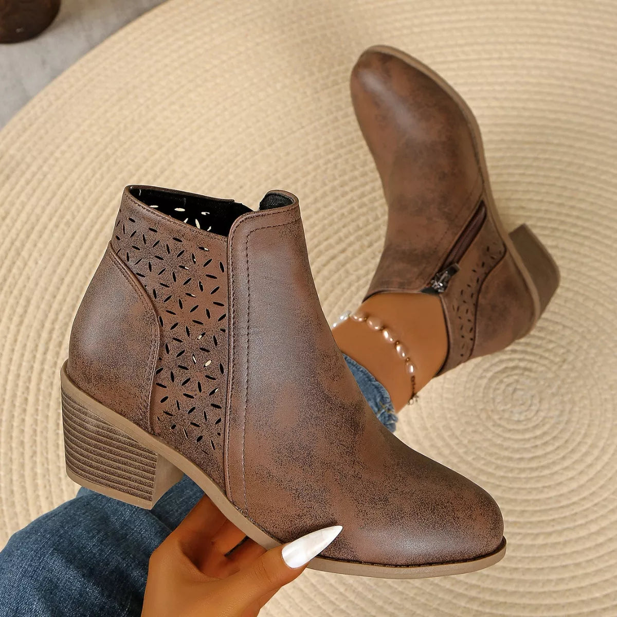 Point Toe Block Heels Boots - Brown - View 13