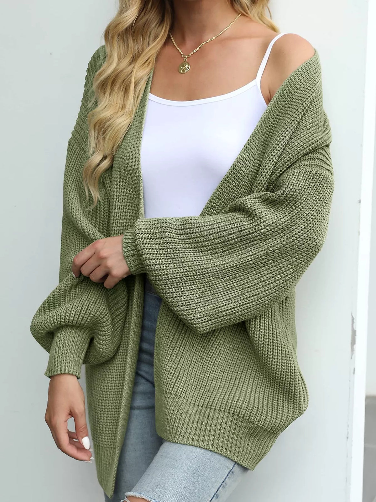 Chunky Knit Open Front Cardigan with Lantern Sleeves - Matcha Green - View 5