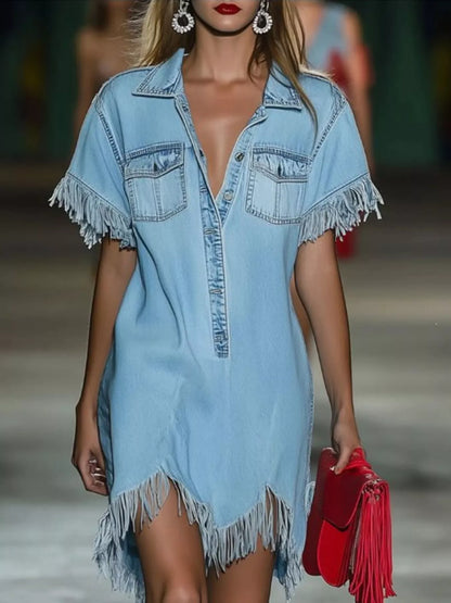 Full Size Fringed Short Sleeve Denim Shirt Dress Plus Size - Light Blue - View 1