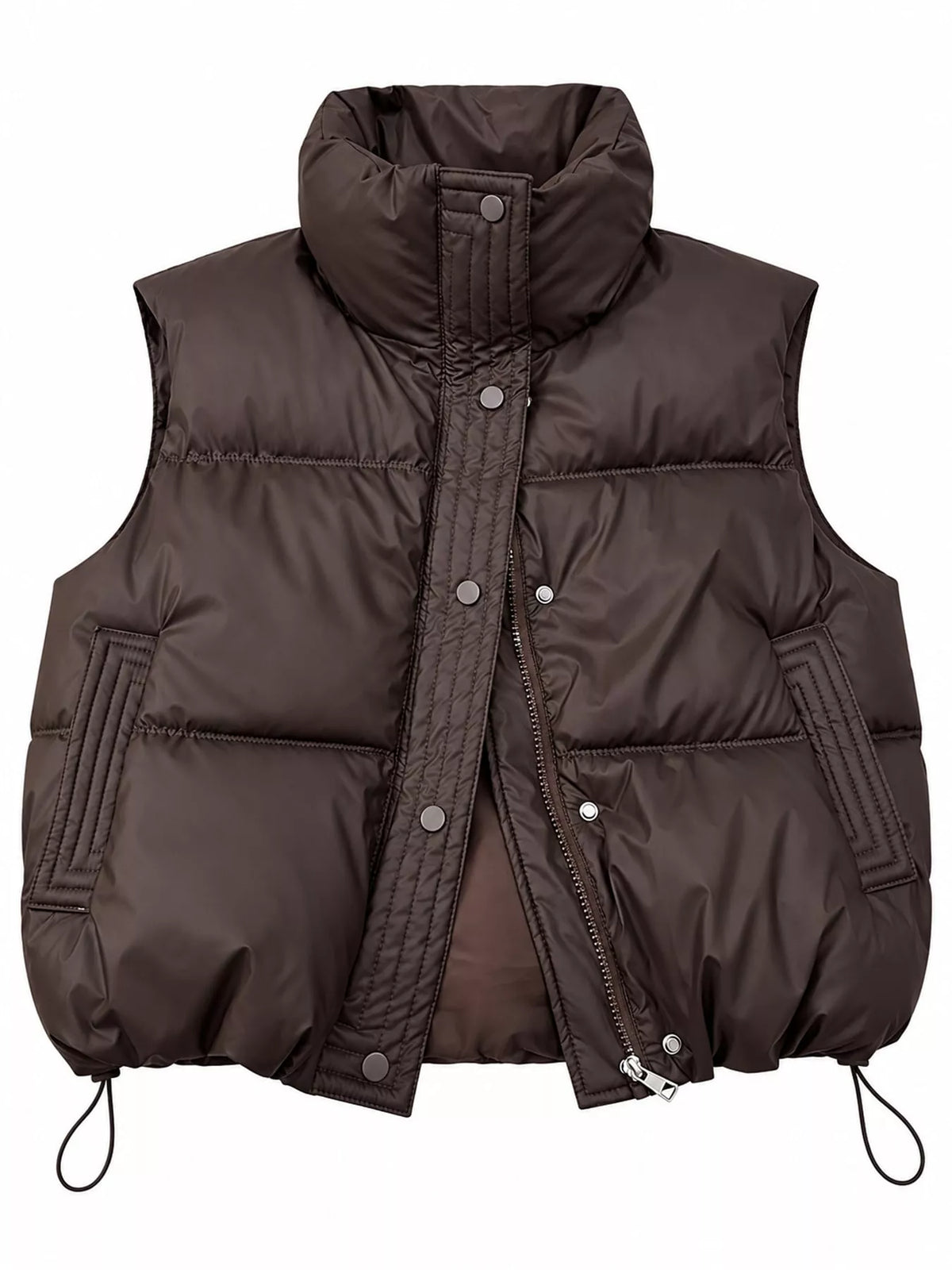 Drawstring Snap Down Puffer Vest Coat - Coffee - View 6
