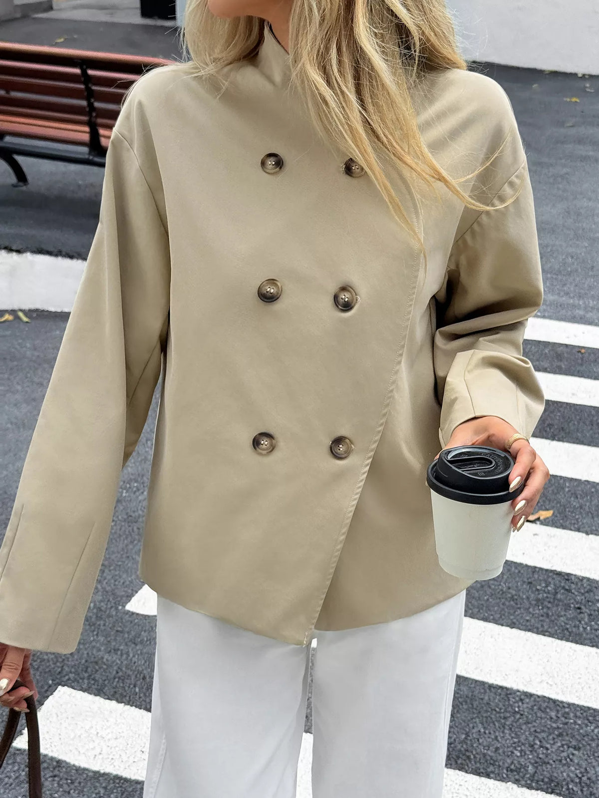 Double-Breasted Long Sleeve Jacket - Apricot - View 11