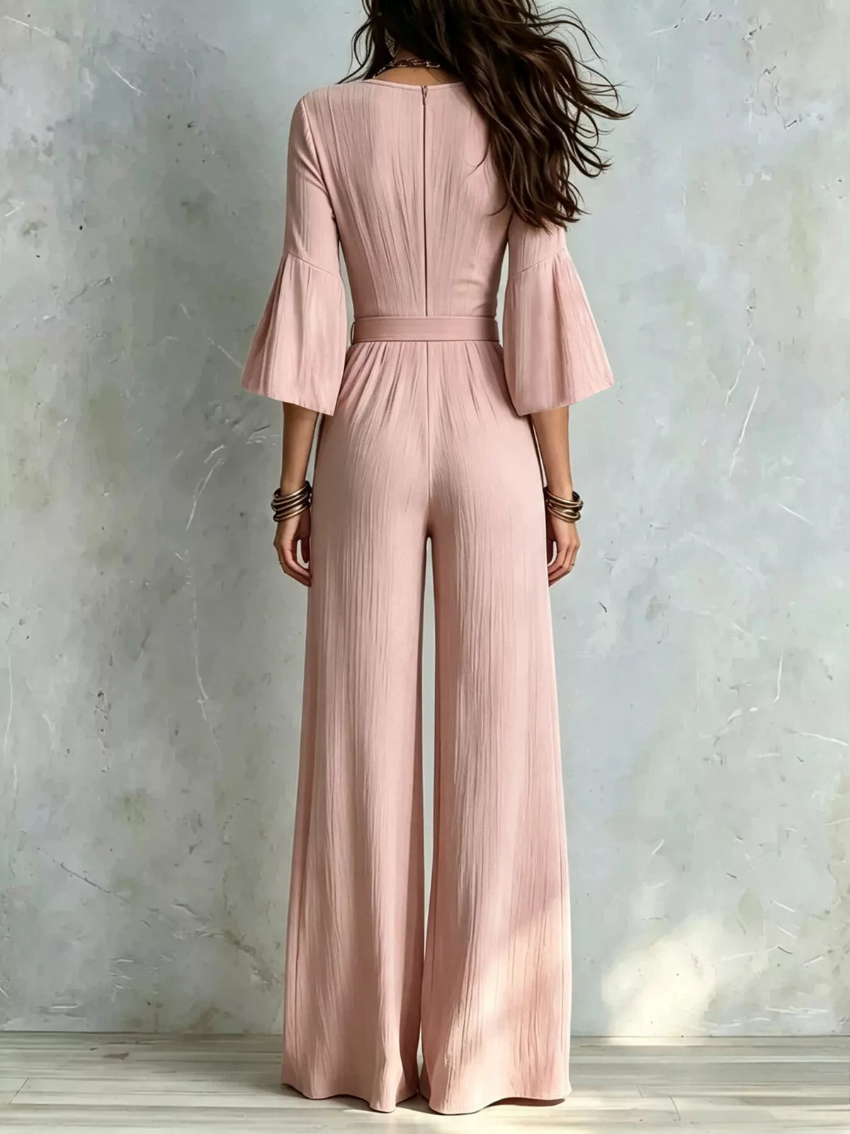 Pleated Wide-Leg Jumpsuit with Tie-Waist - Pink - View 6