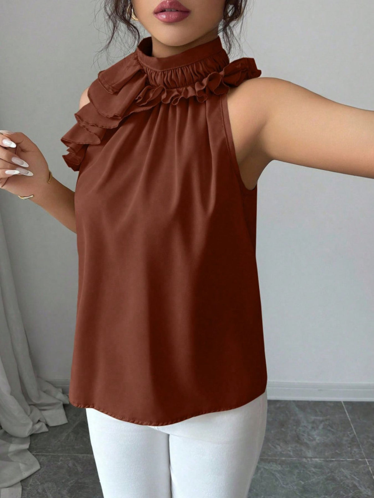 Ruffle High Neck Sleeveless Top - Brown - View 9