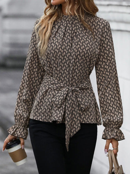 Printed Tie-Waist Flounce Sleeve Blouse - Khaki - View 2