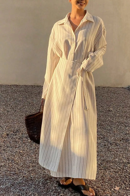 Striped Button-Down Shirt Dress with Waist Tie - White - View 2