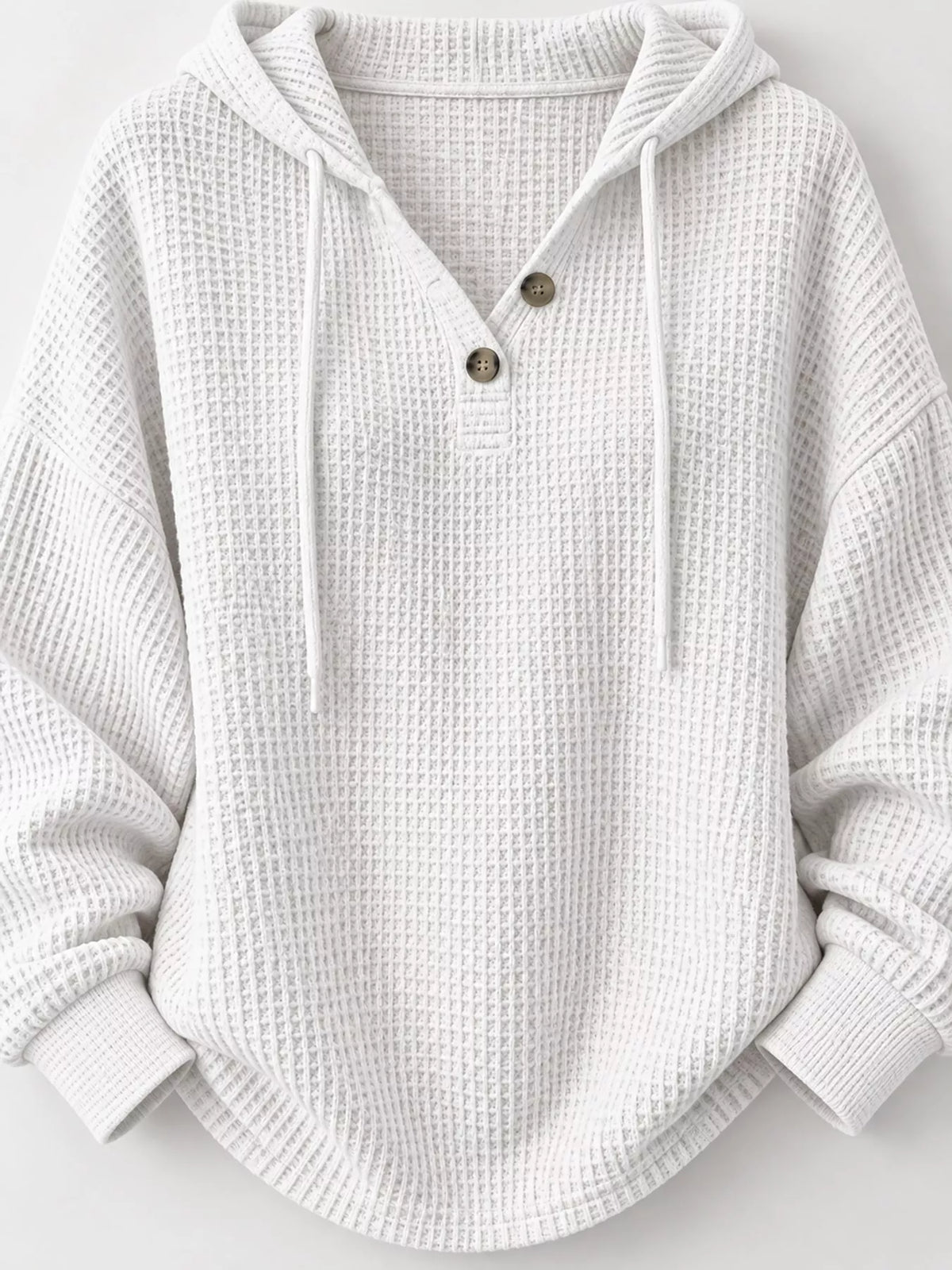 Full Size Waffle Knit Button Detail Hoodie Plus Size - White - View 3