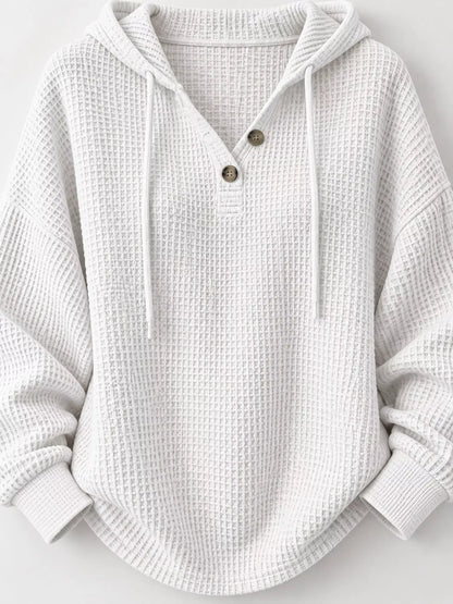 Full Size Waffle Knit Button Detail Hoodie Plus Size - White - View 3