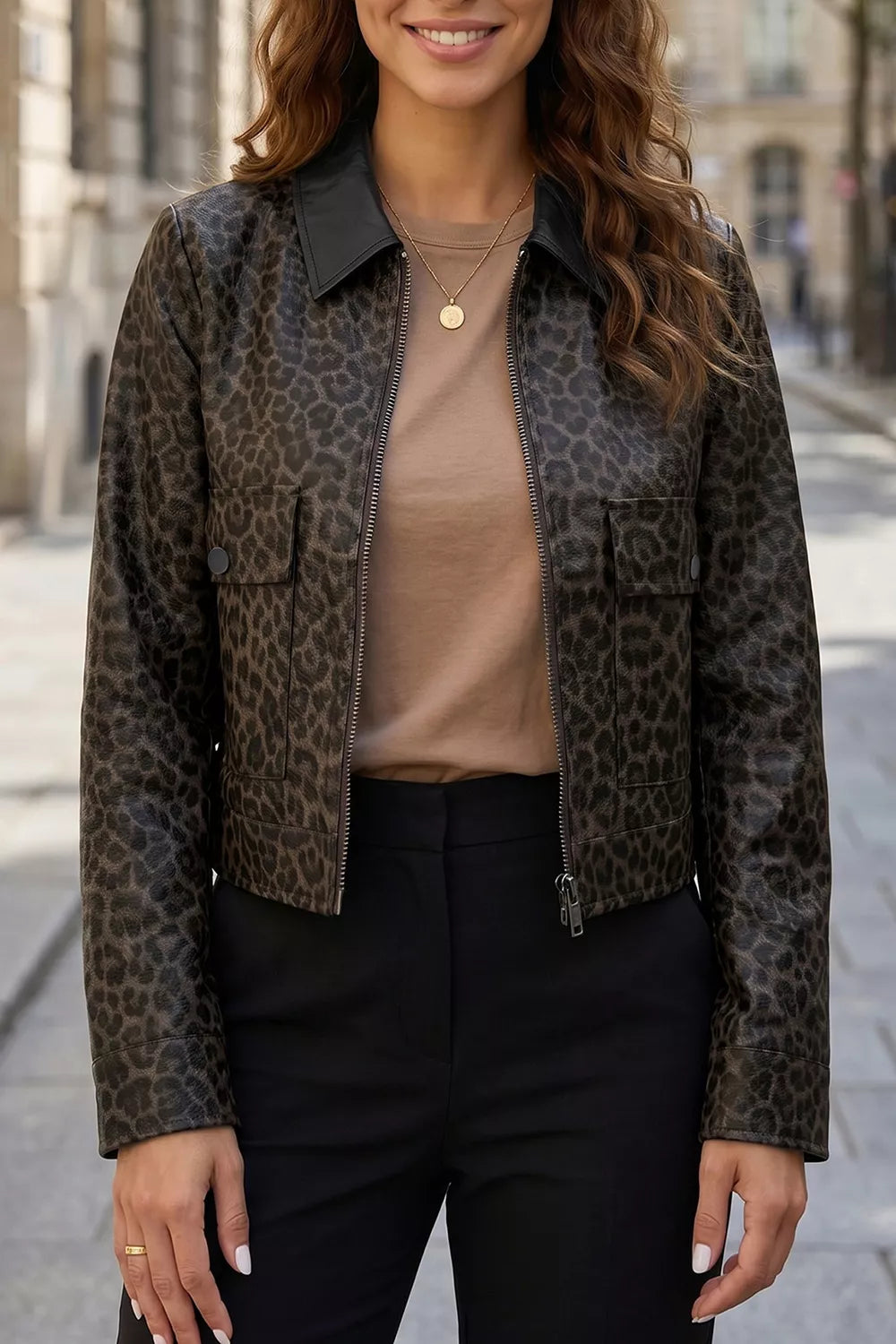 Leopard Print Cropped Faux Leather Jacket with Utility Pockets - Black - View 1