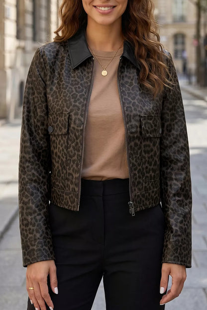 Leopard Print Cropped Faux Leather Jacket with Utility Pockets - Black - View 1