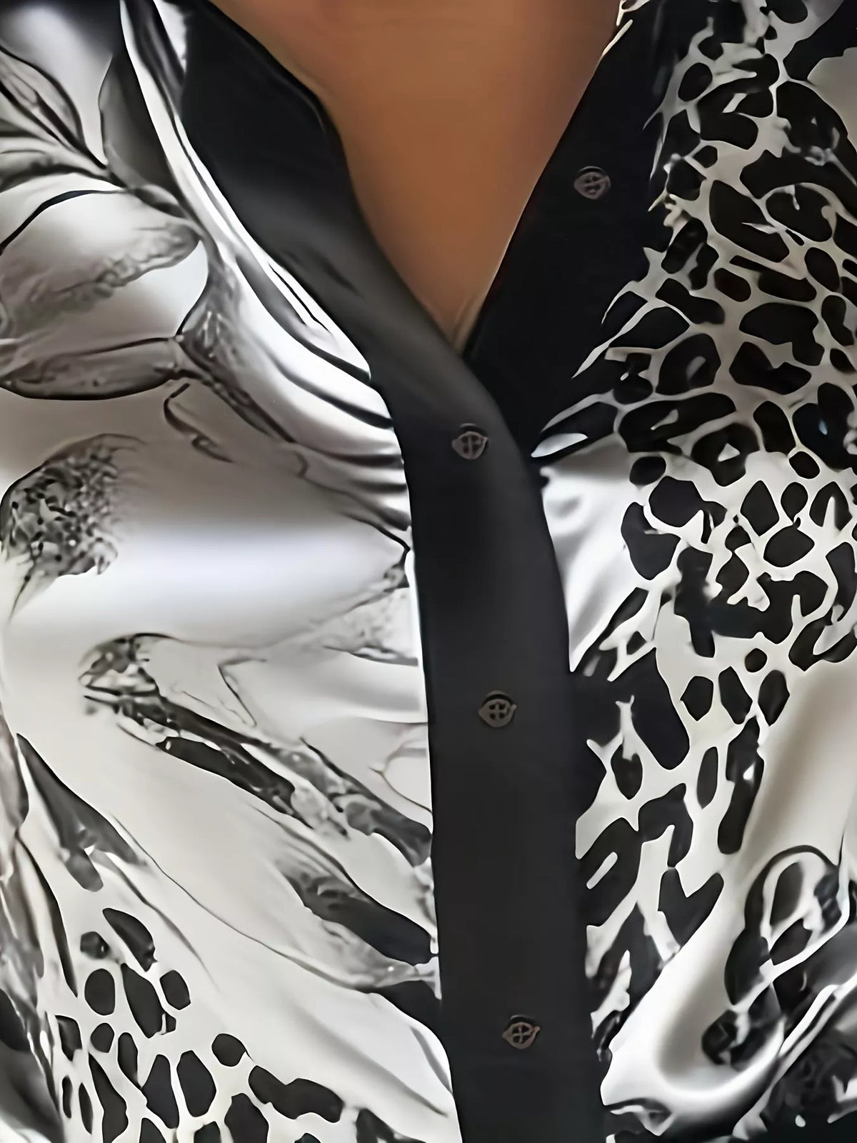 Satin Leopard Button Up Shirt - Silver - View 3