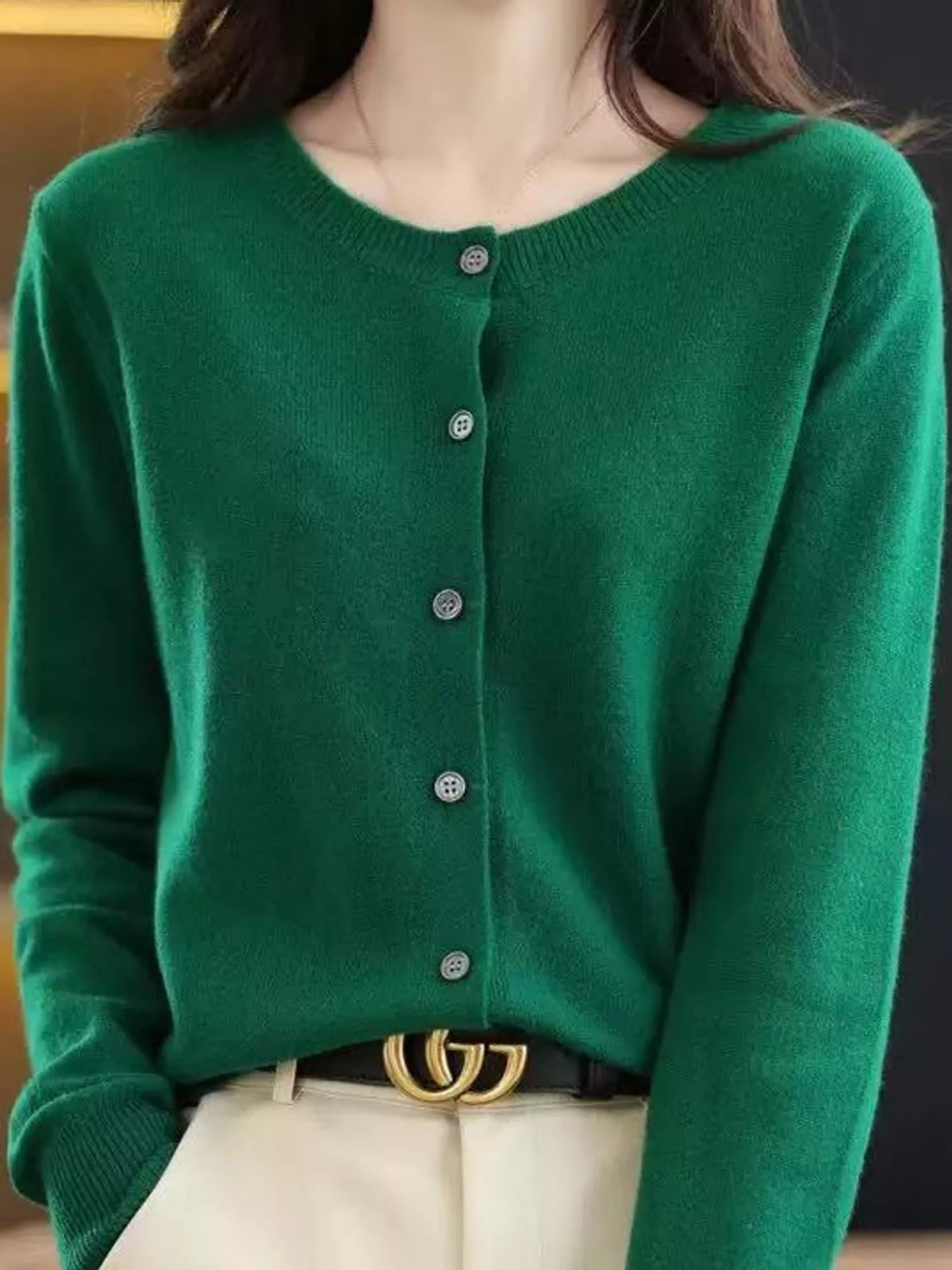 Crew-Neck Button-Down Cardigan - Emerald Green - View 67