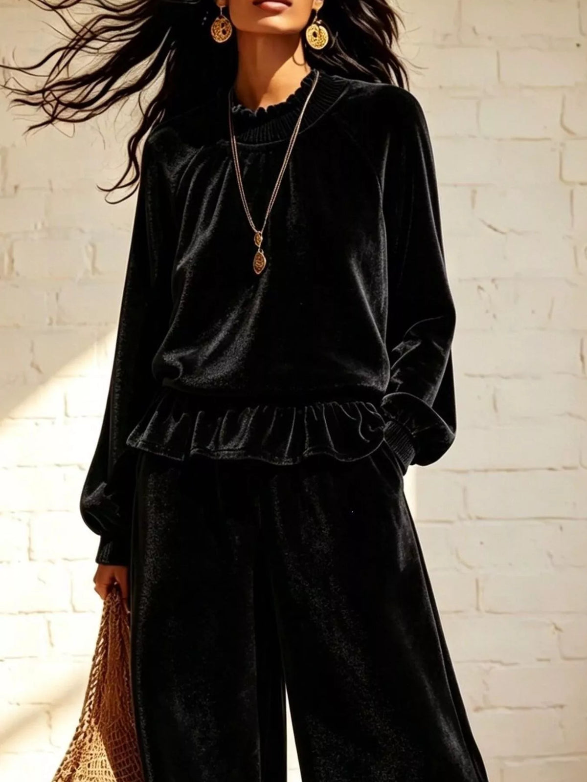 Velvet Peplum Top and Wide-Leg Pants Set - Black - View 3