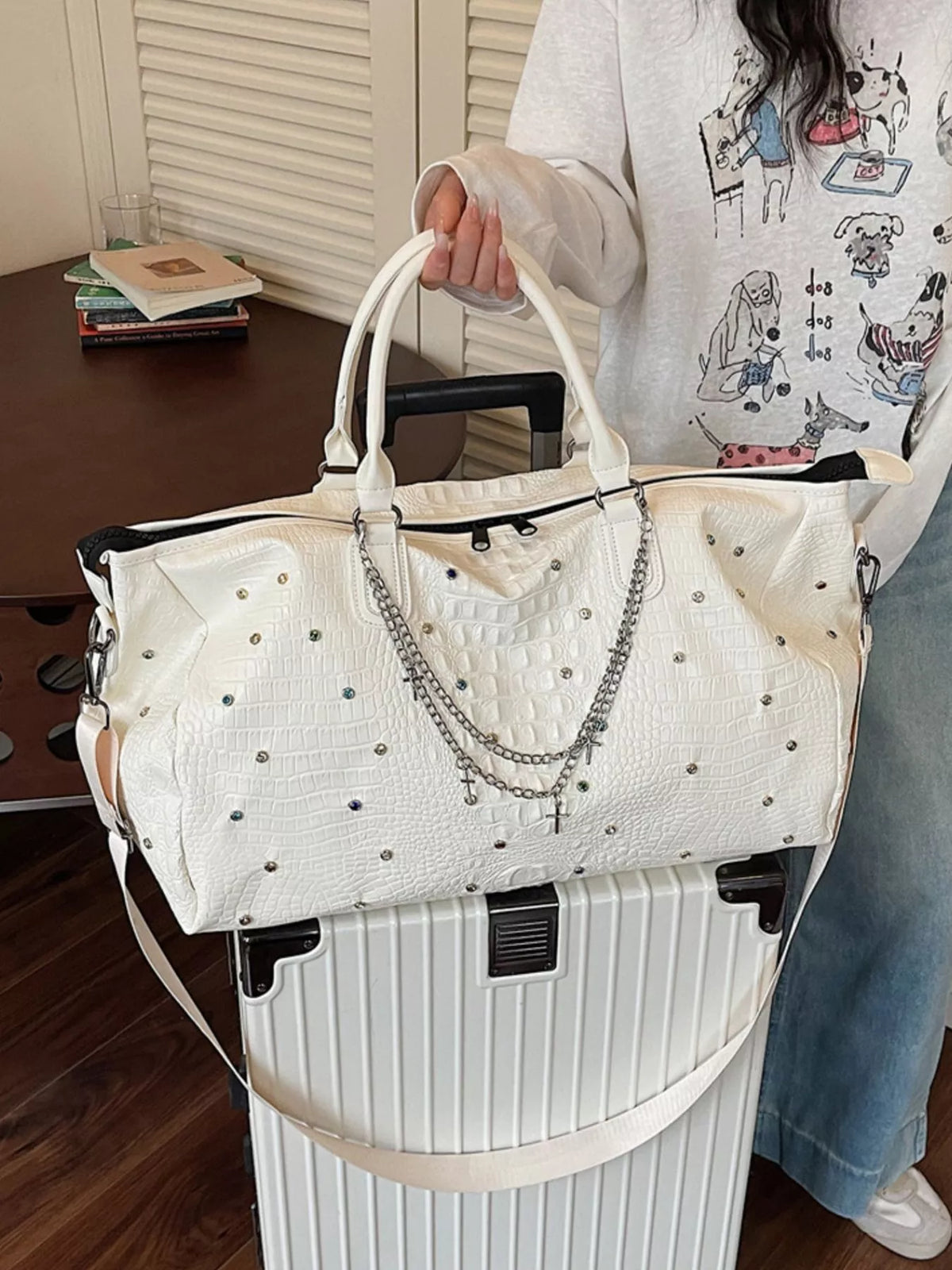 Studded Large Capacity Travel Bag - Ivory - View 5