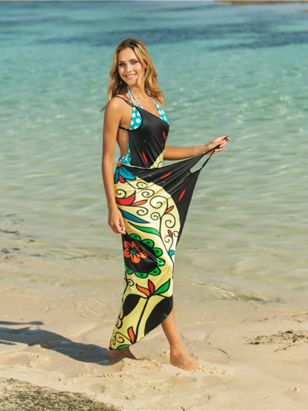 Printed Spaghetti Strap Cover Up - Yellow Green - View 5