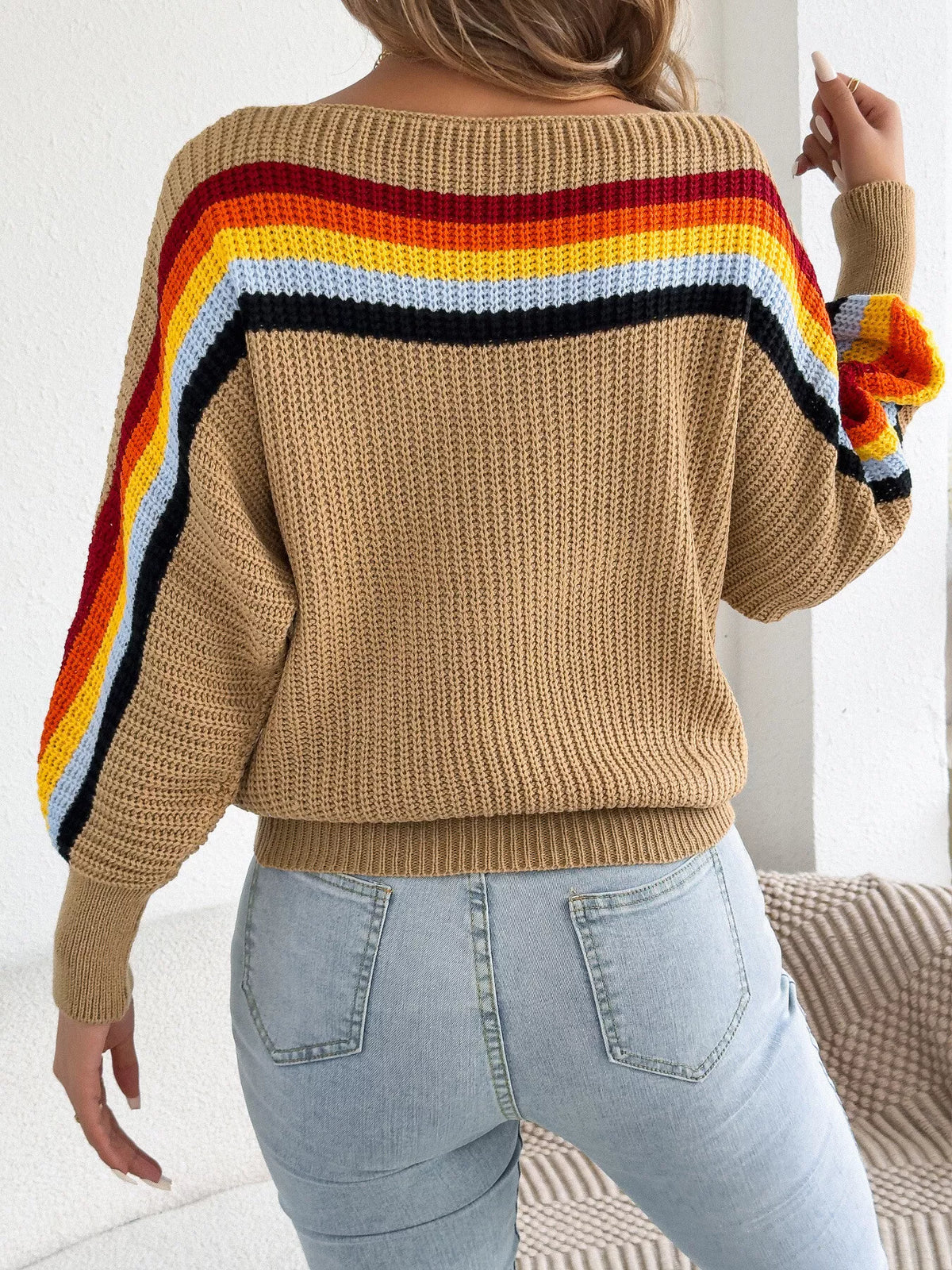 Striped Knit Boat Neck Sweater - Camel - View 1