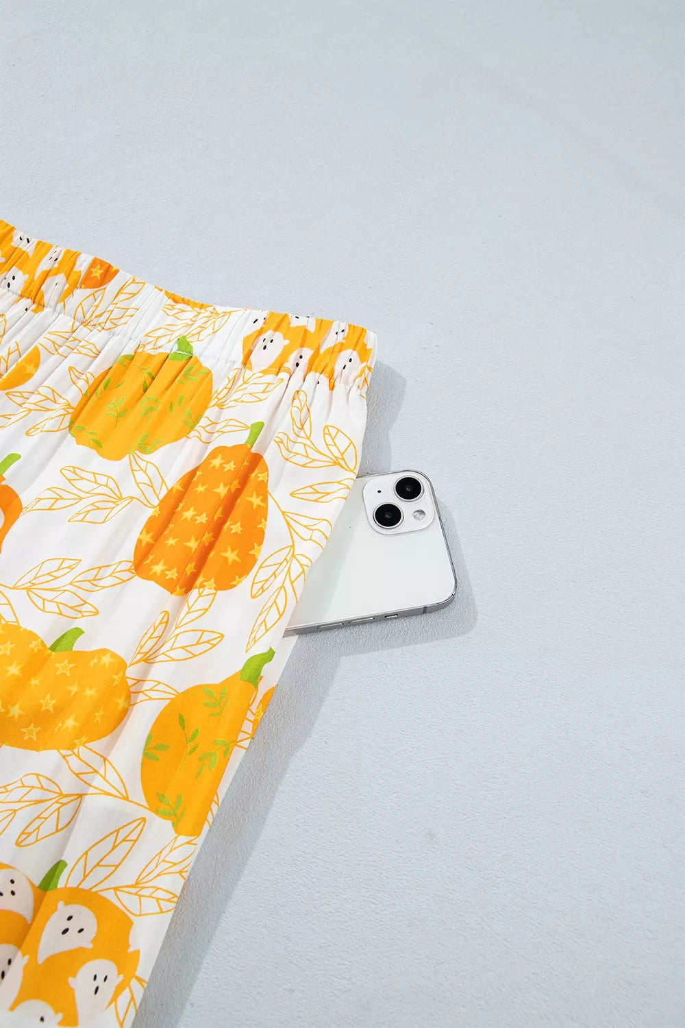 Short Sleeve Pumpkin Print Polka Dot Trim Pocket Placket Lounge Set - Sherbet - View 13