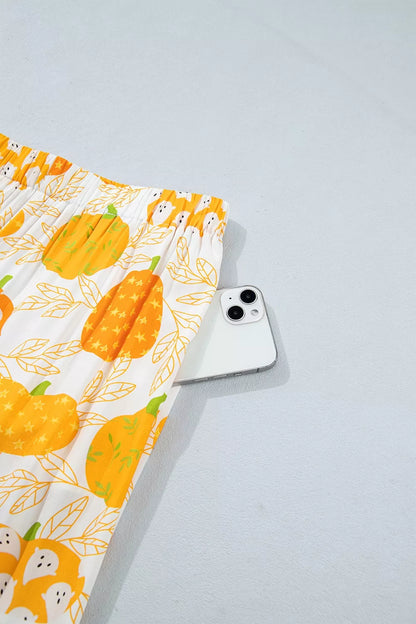 Short Sleeve Pumpkin Print Polka Dot Trim Pocket Placket Lounge Set - Sherbet - View 13