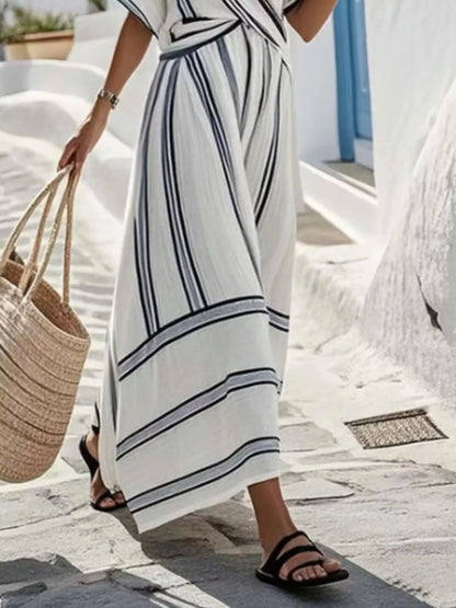 Full Size Striped Surplice Half Sleeve Midi Dress Plus Size - Multicolor - View 3