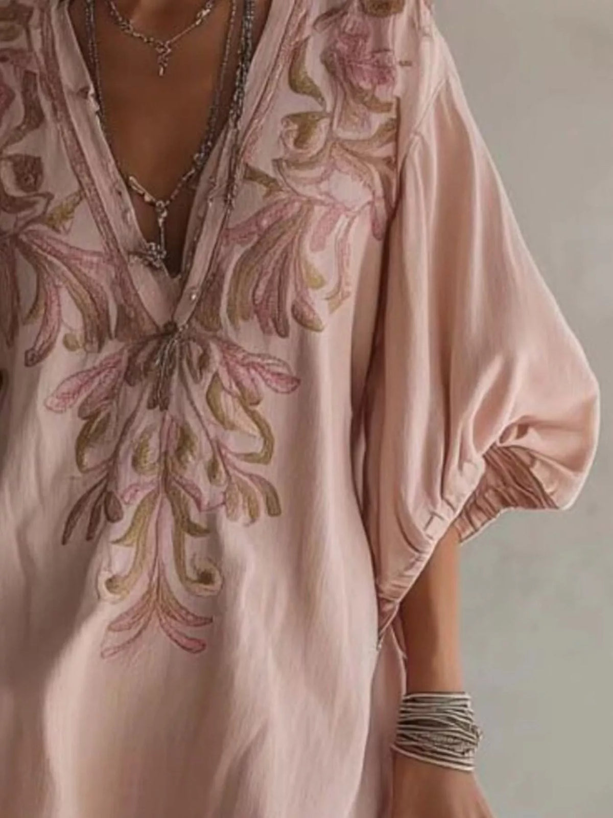 Full Size Embroidered V-Neck Mini Dress Plus Size - Dusty Pink - View 2