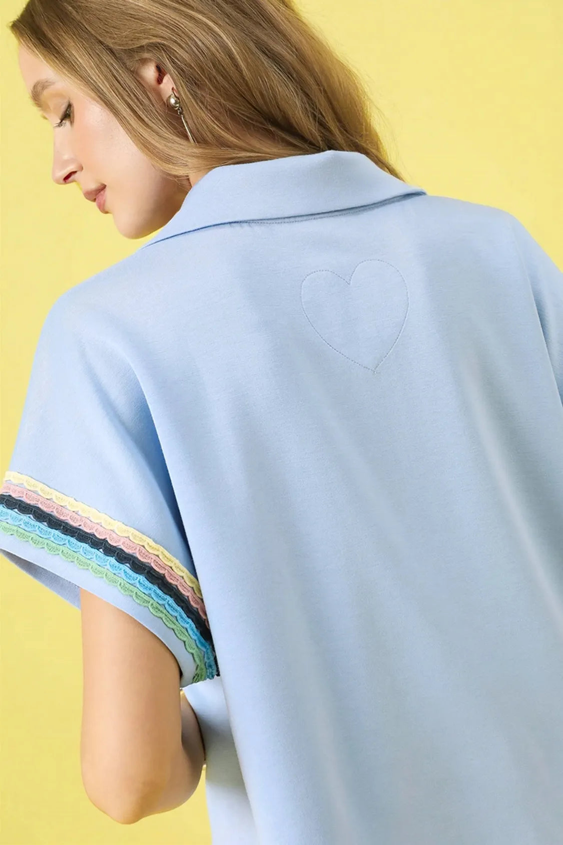 Umgee Contrast Trim Half Zip Collared Blouse - ICE BLUE - View 4