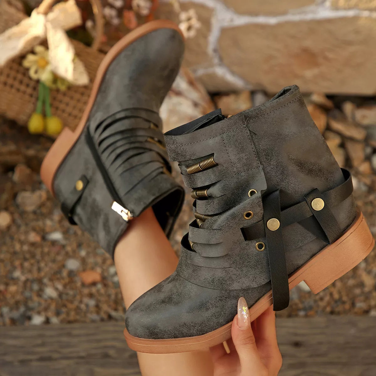 Strappy Buckle Ankle Boots - Grey - View 3