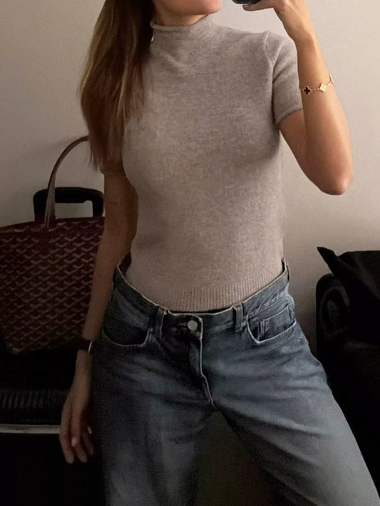 Mock Neck Short Sleeve Knit Sweater - Khaki Color - View 1