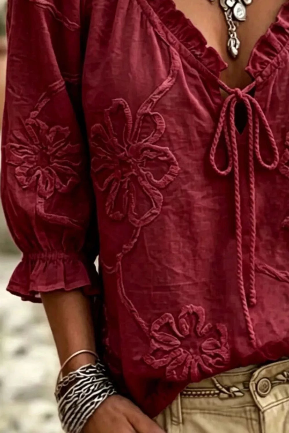 Floral Tie Neck 3/4 Sleeve Blouse - Burgundy - View 3