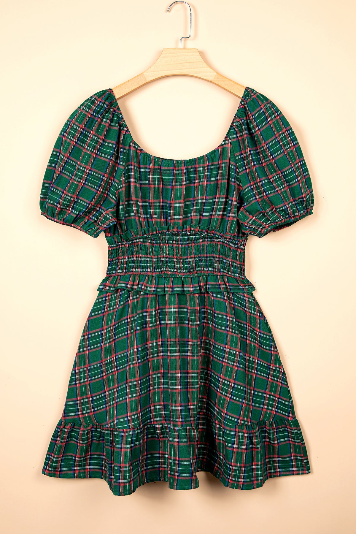 Green Plaid Shirred U Neck Short Sleeve Mini Dress - product photo 4