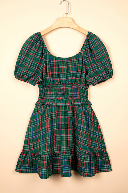 Green Plaid Shirred U Neck Short Sleeve Mini Dress - product photo 4