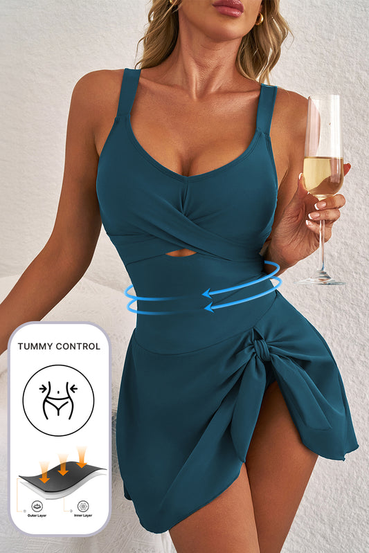 Sea Green Ruched Cutout One-Piece Swim Dress - Sea Green - 1