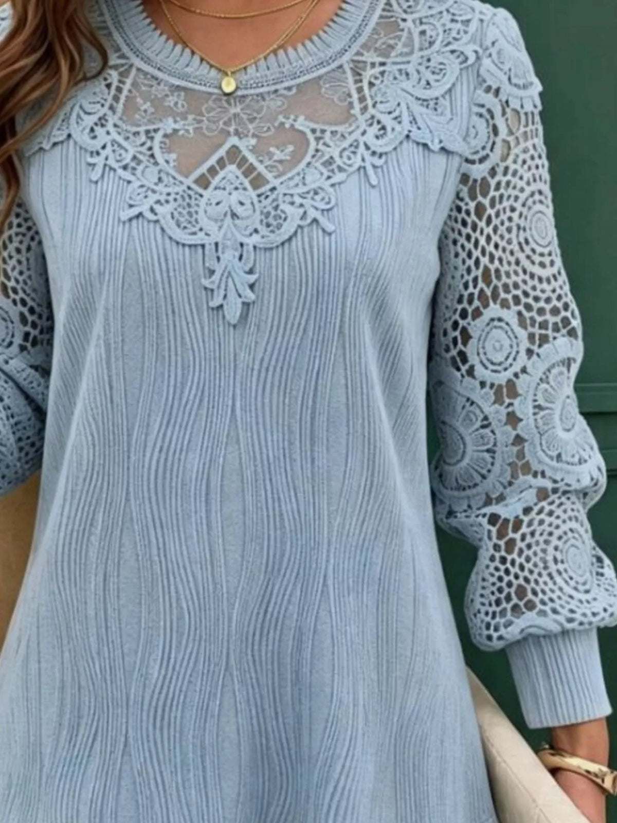 Lace Patchwork Long Sleeve Blouse - Light Blue - View 3