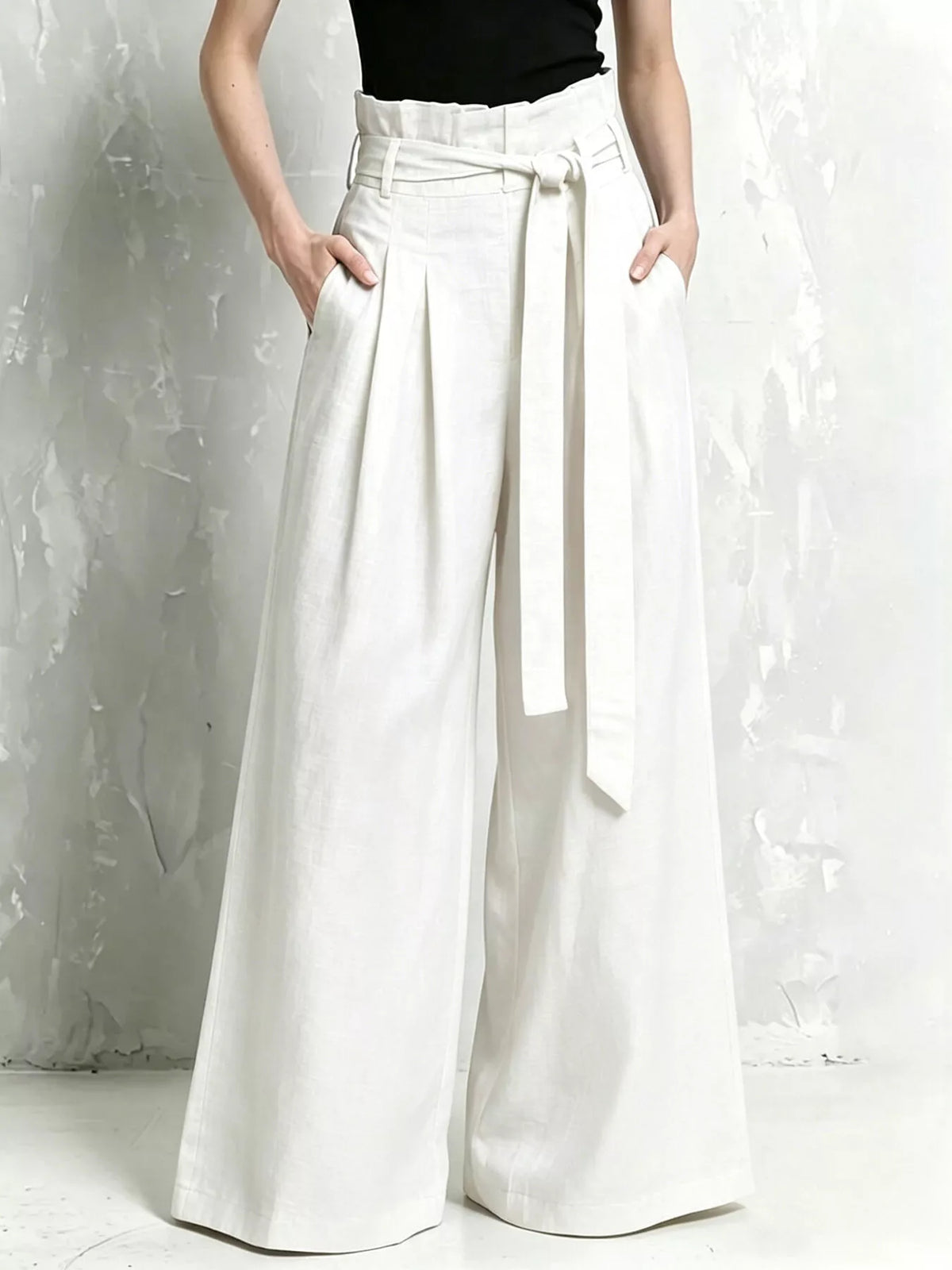 Full Size Wide-Leg Paperbag Waist Pants Plus Size - White - View 9
