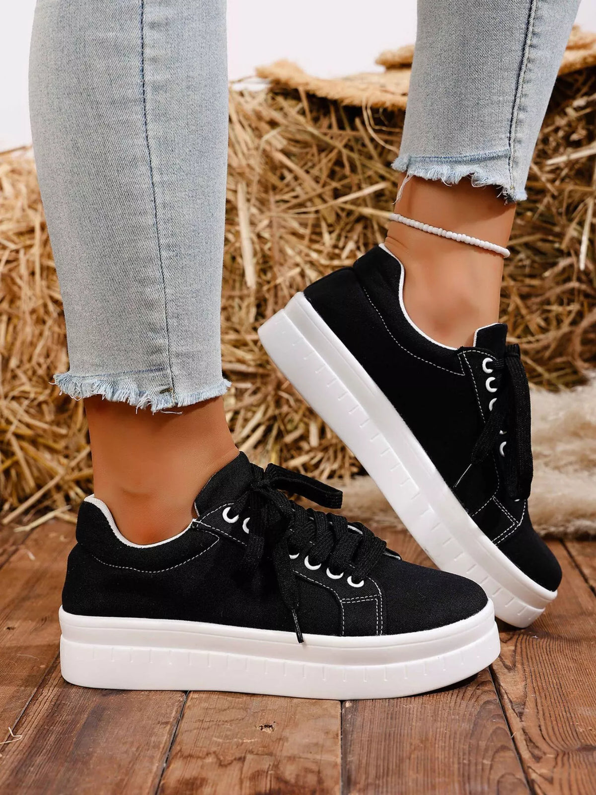 Lace Up Platform Sneakers - Black - View 3