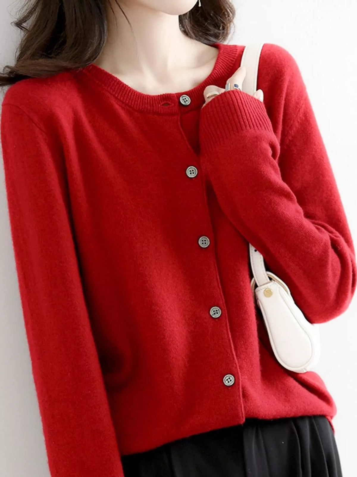 Crew-Neck Button-Down Cardigan - Burgundy - View 30