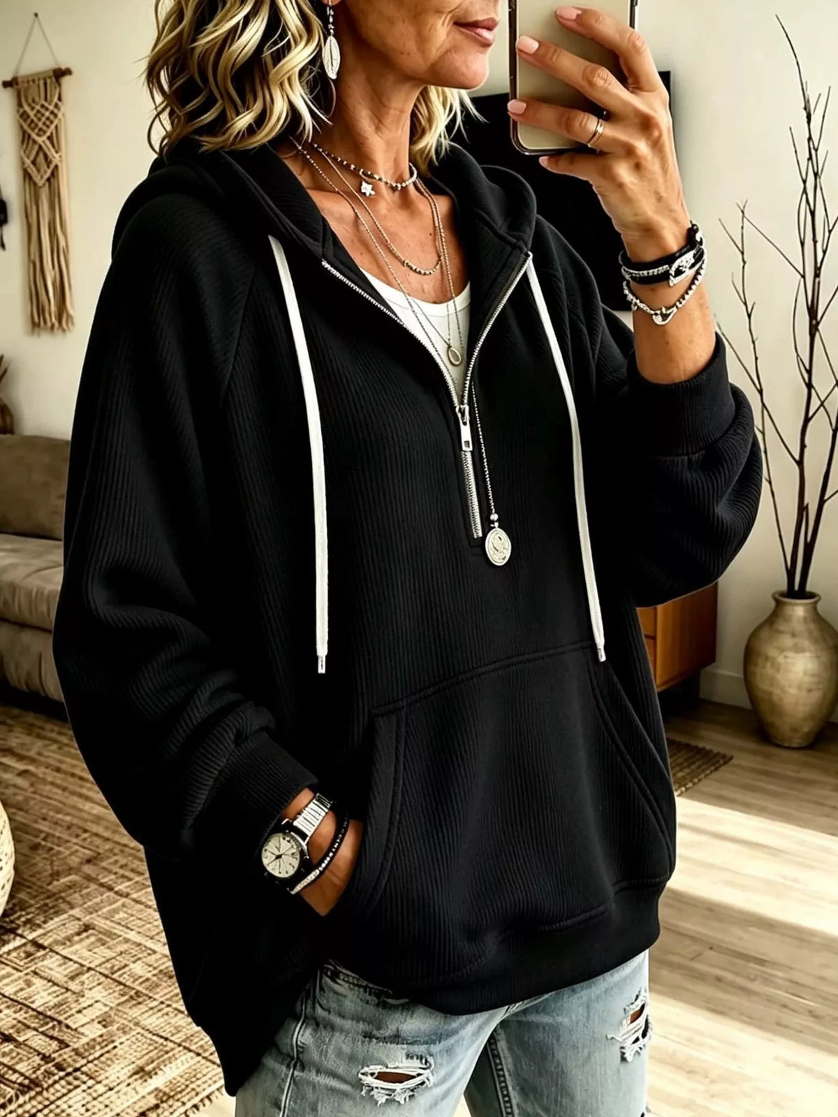 Ribbed Knit Quarter-Zip Hoodie with Kangaroo Pocket - Black - View 1