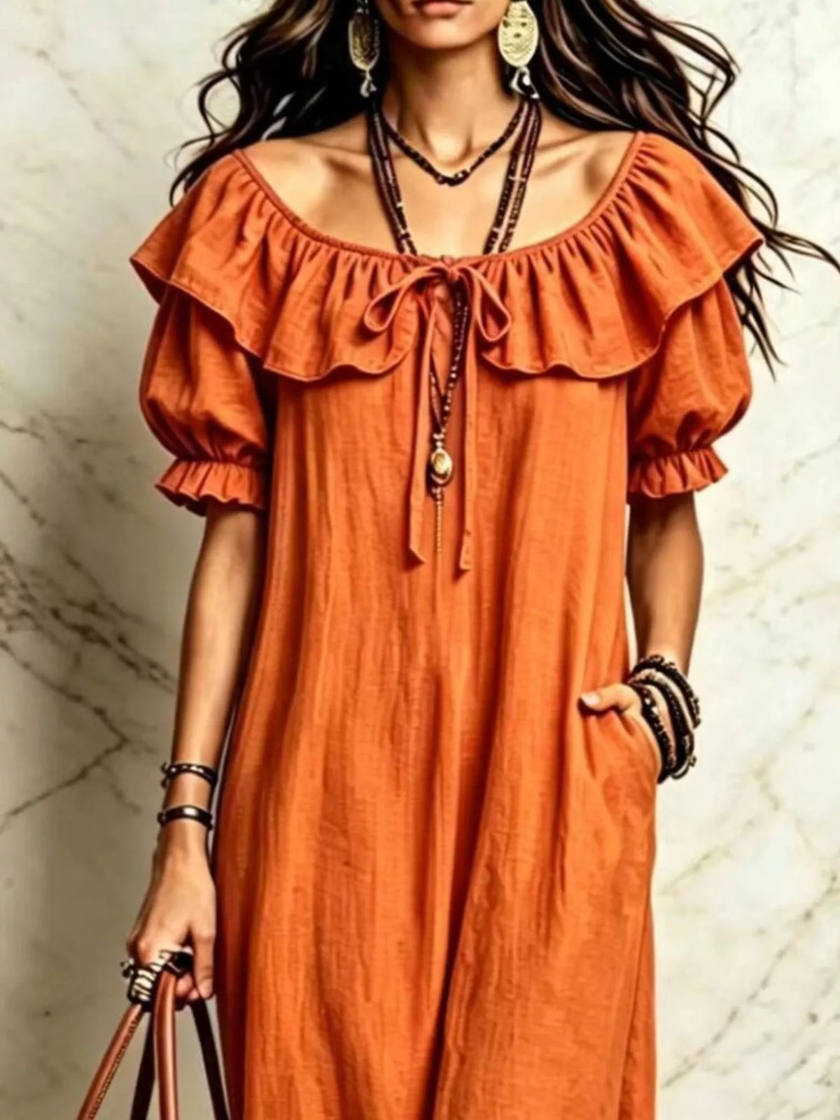 Ruffle Trim Puff Sleeve Maxi Dress - Orange - View 2