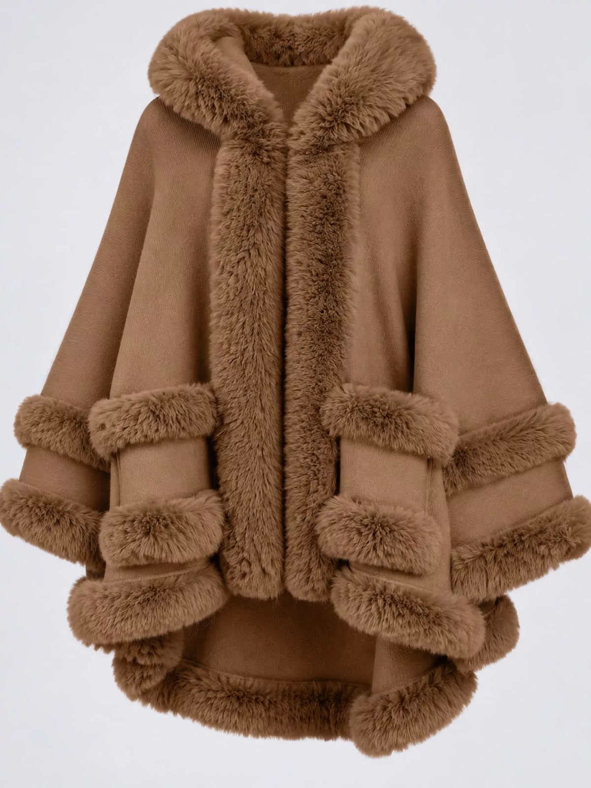 Faux Fur Trimmed Hooded Cape - Khaki - View 33
