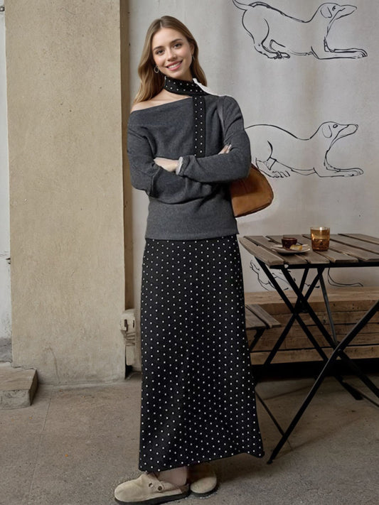 One Shoulder Top and Polka Dot Skirt Set - product photo 1