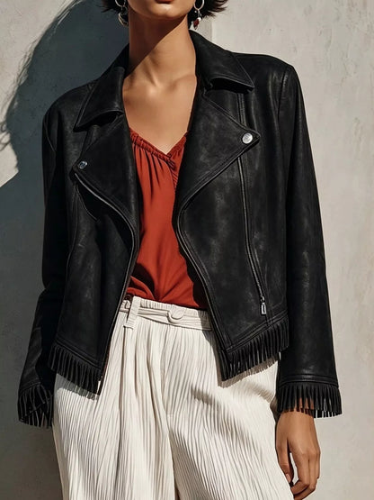 Fringe Hem Zip Up Jacket - Black - View 1