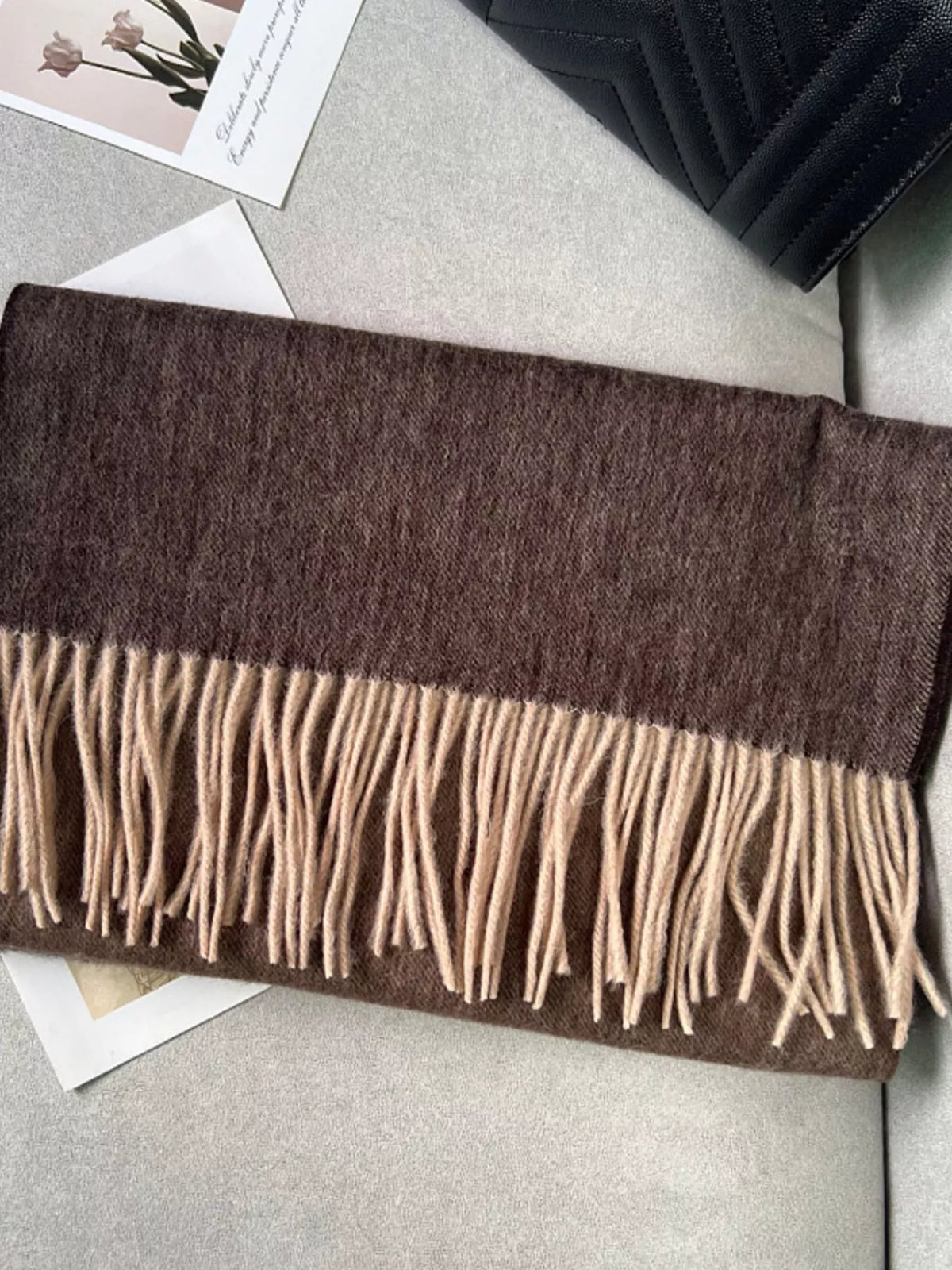 Color Block Fringe Scarf - Brown - View 3