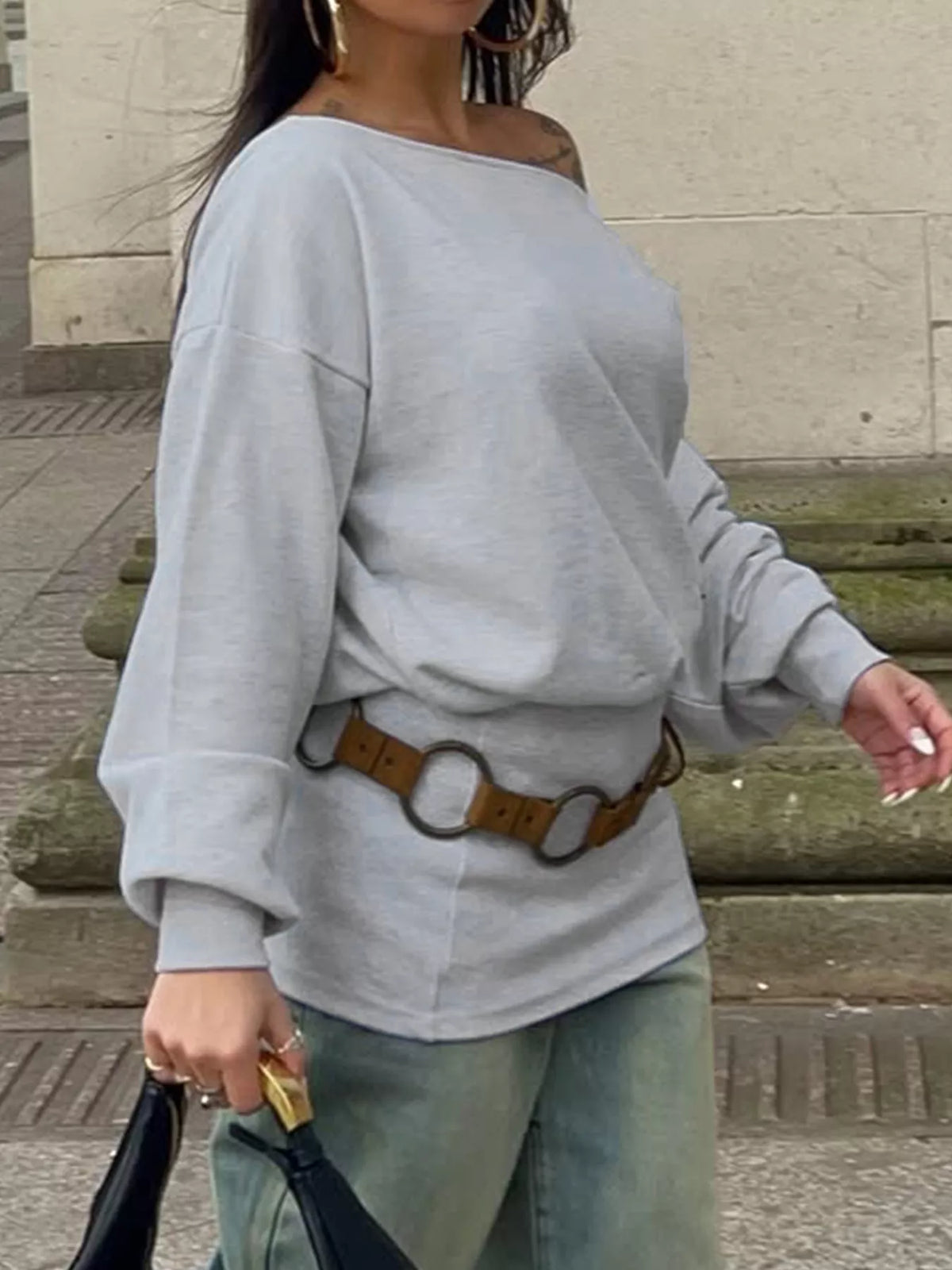 One Shoulder Long Sleeve Casual T-Shirt - Light Gray - View 2