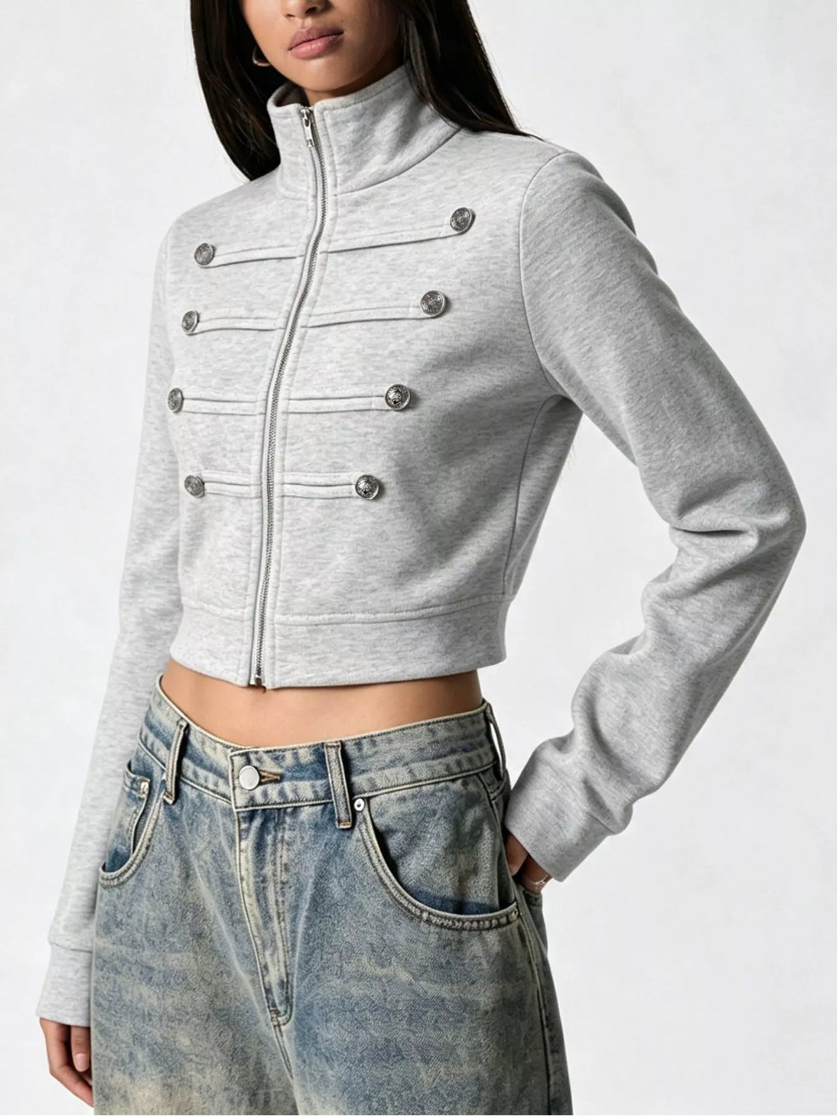 Cropped Zip-Up Outerwear with Decorative Buttons - Gray - View 2