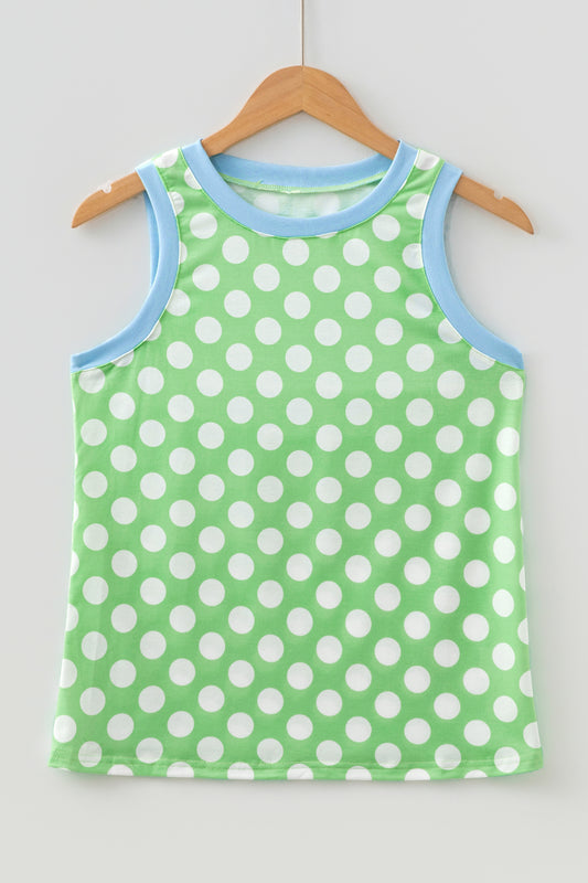 Green Polka Dot Contrast Trim Round Neck Loose Tank Top - Green - 2