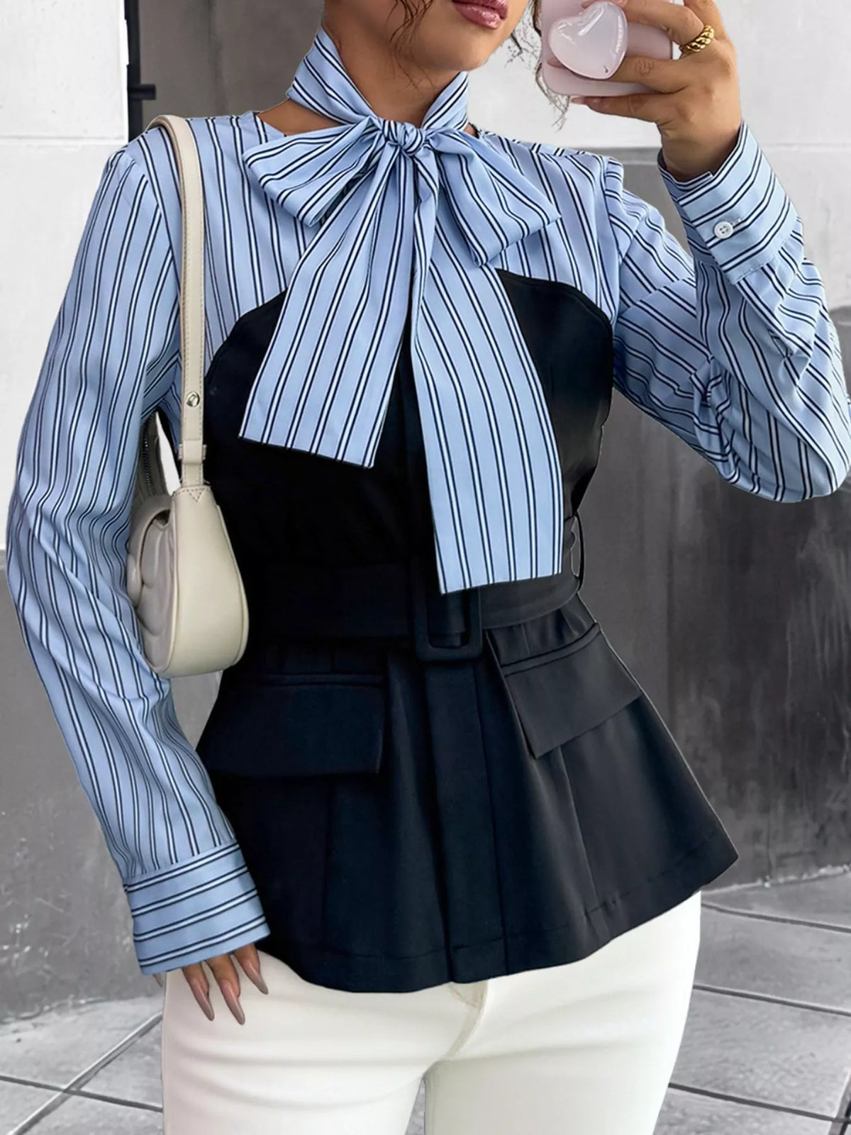Striped Long Sleeve Blouse with Bow Tie - Blue - View 5