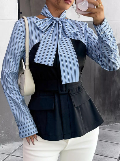 Striped Long Sleeve Blouse with Bow Tie - Blue - View 5