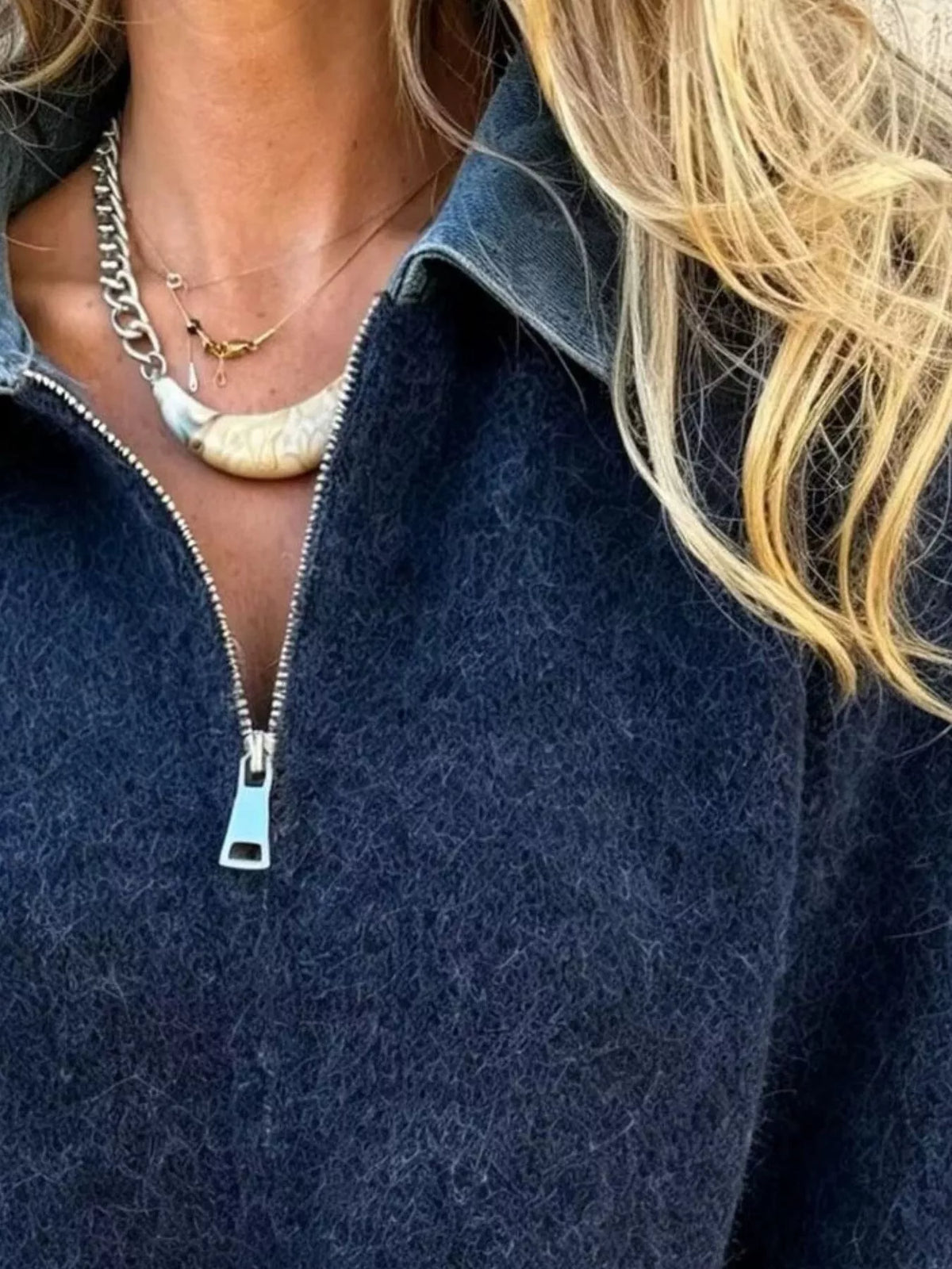 Contrast Denim Collar Half-Zip Knit Sweater - Navy - View 2