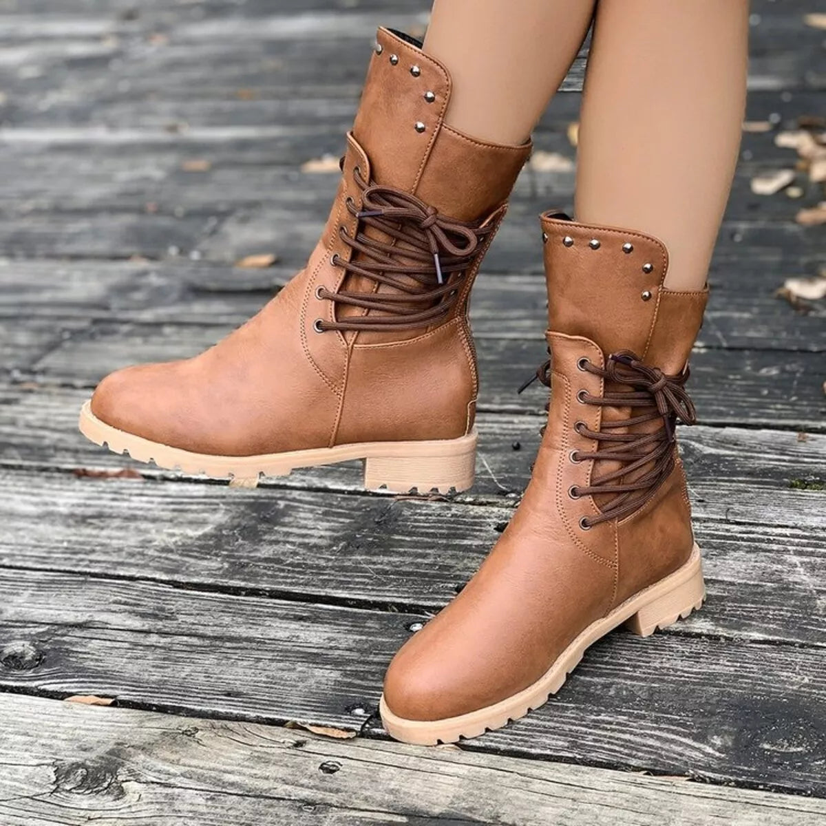 Lace Up Block Heels Boots - Brown - View 11