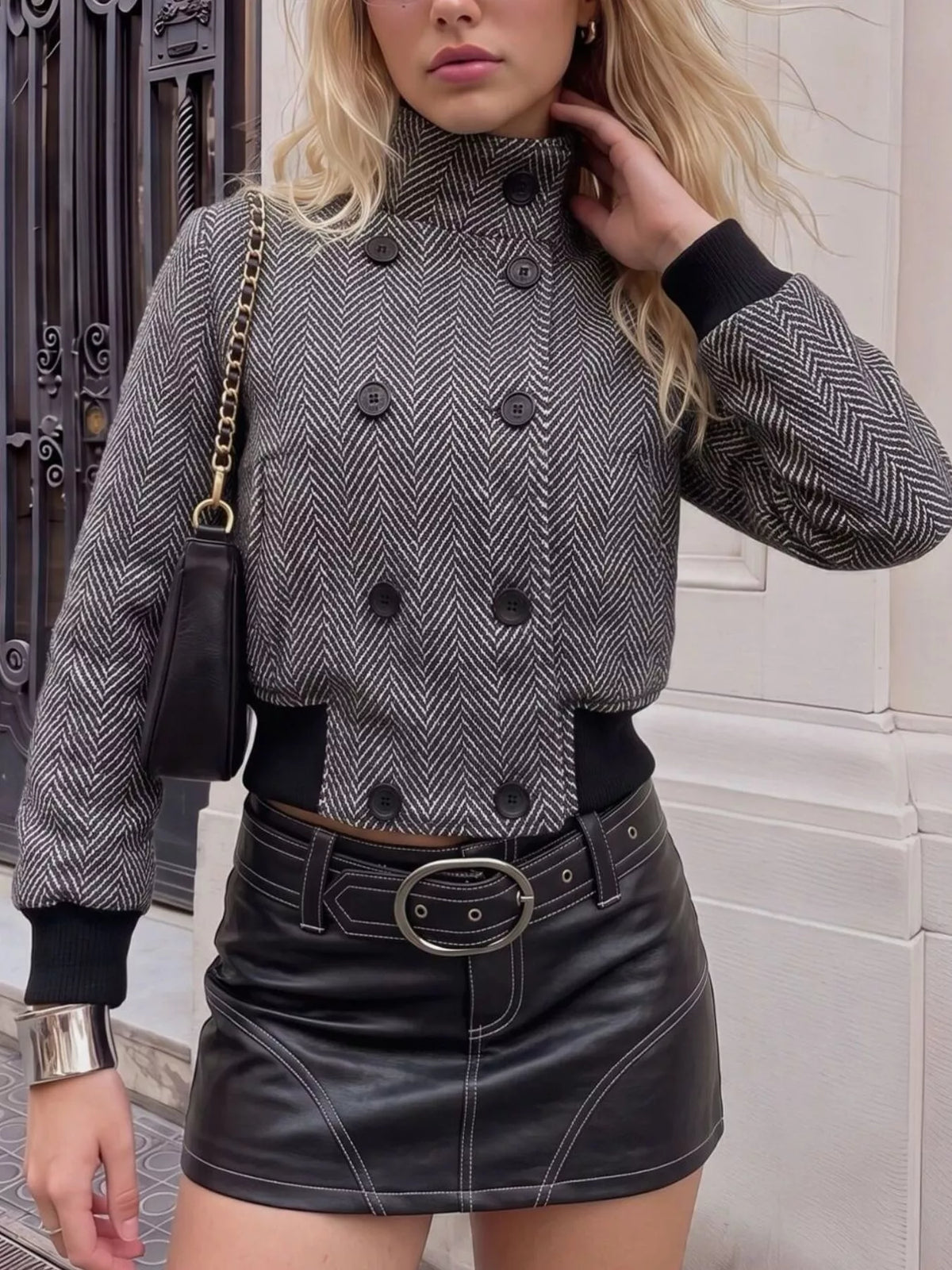 Herringbone Double-Breasted Cropped Outerwear - Black - View 1